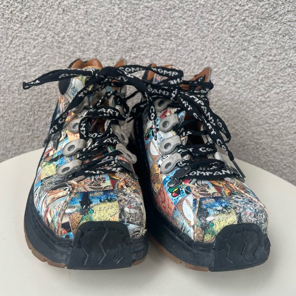 Vintage Y2K chunky Punk combat leather boots graffiti print The Art 38E - Picture 2 of 13